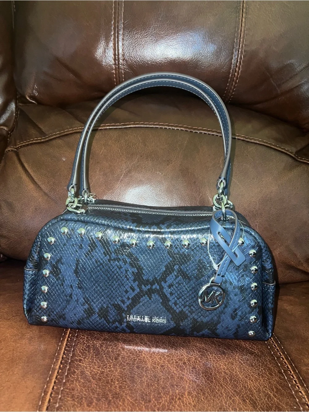 Cecily Small Studded Snake Embossed Shoulder Bag Michale Kors